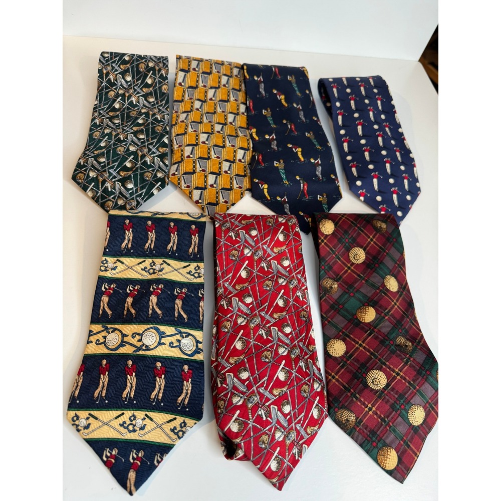 Vintage Golf Theme Silk Tie Lot 7 Classic Novelty Golf Neckties Fathers Day Gift
